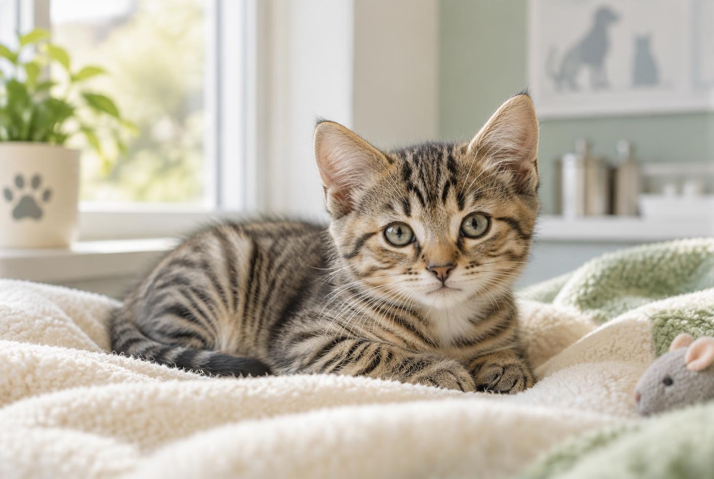 A tabby kitten resting on a soft cream blanket by a bright window