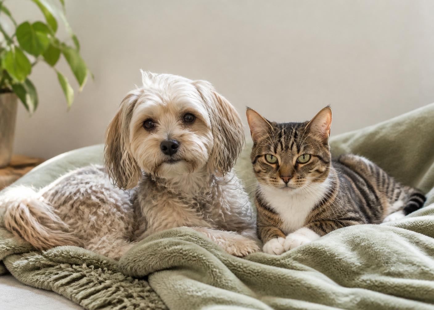 A small dog and a tabby cat resting together on a sage-green blanket