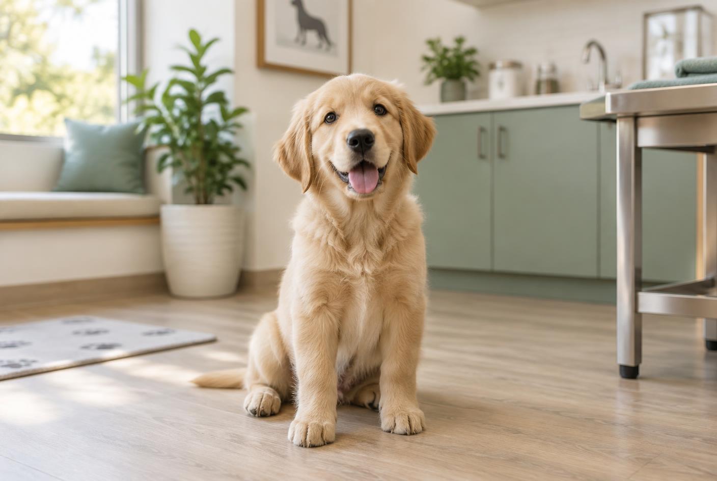 A golden retriever puppy sitting on a wooden floor in soft daylight
