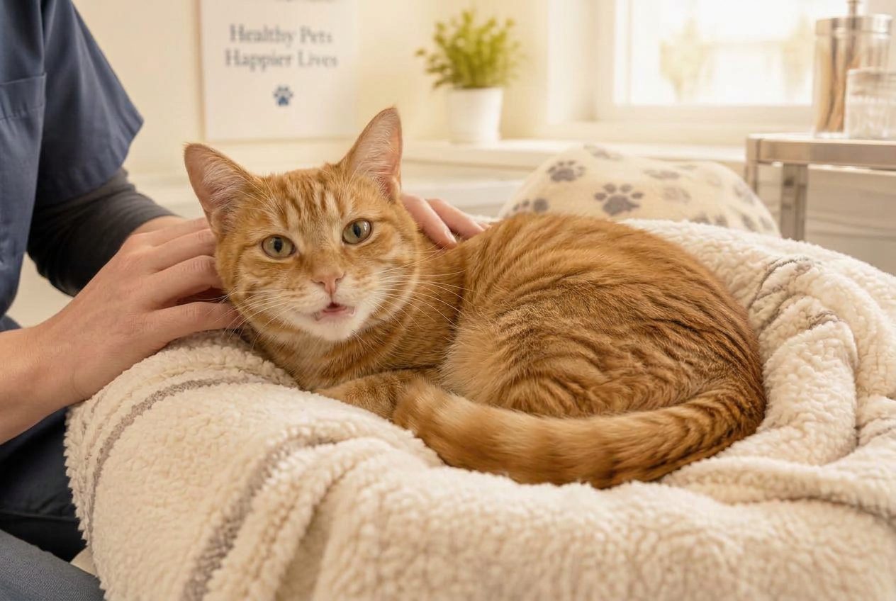 A happy ginger cat with bright content eyes resting on a soft blanket while a clinician in blue scrubs pets its head