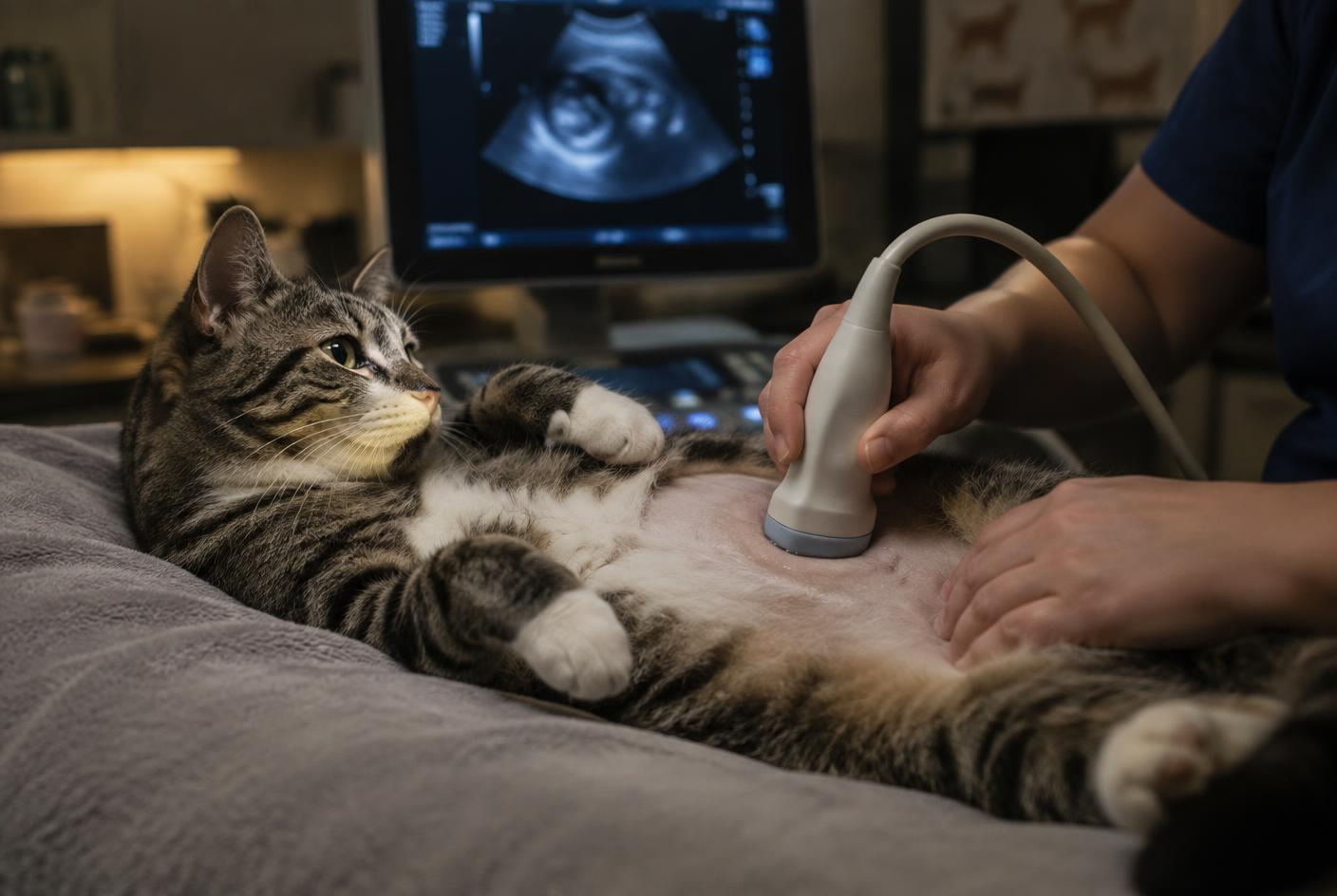 A calm cat having an ultrasound examination