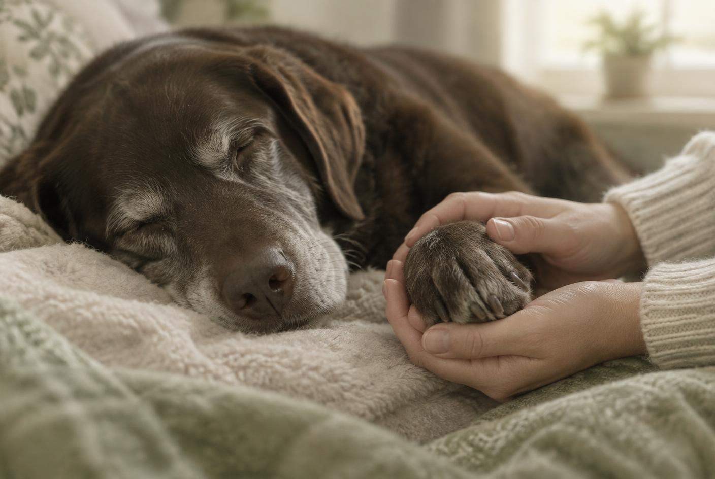 An elderly dog sleeping peacefully while its paw is gently held