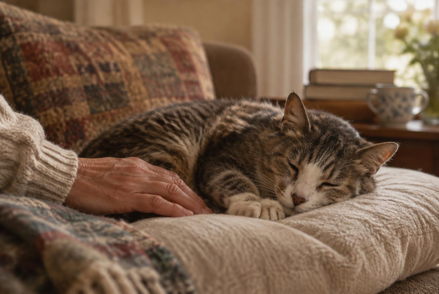 An elderly cat sleeping peacefully on a cushion at home with a hand resting nearby