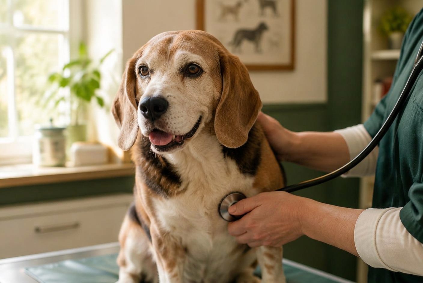 A happy senior beagle being examined with a stethoscope