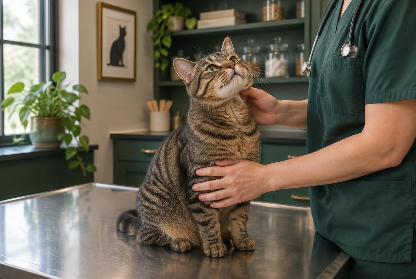 A happy tabby cat being gently petted during a routine visit