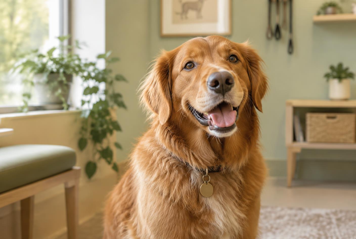A happy golden retriever with a relaxed smile sitting in a bright, welcoming room