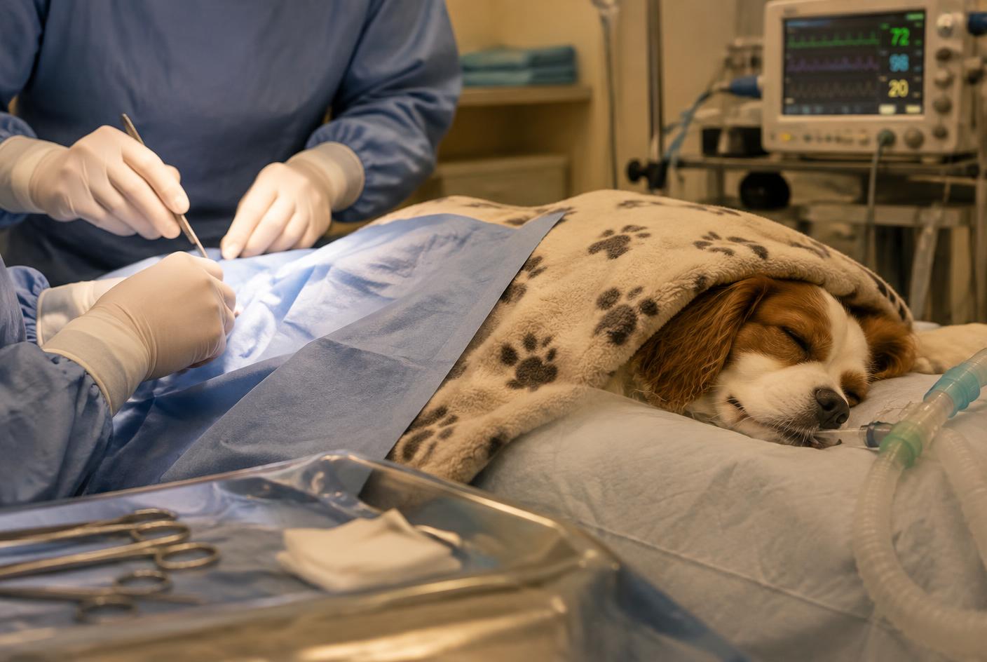 A dog sleeping peacefully under a warm blanket during a monitored surgical procedure