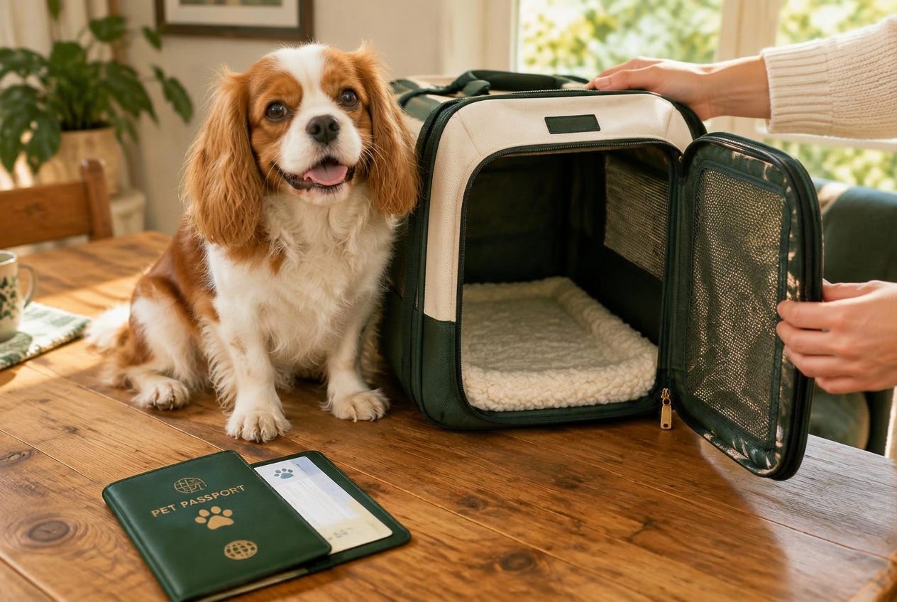 A happy spaniel with a relaxed open-mouthed smile sitting beside an open travel carrier and pet travel documents