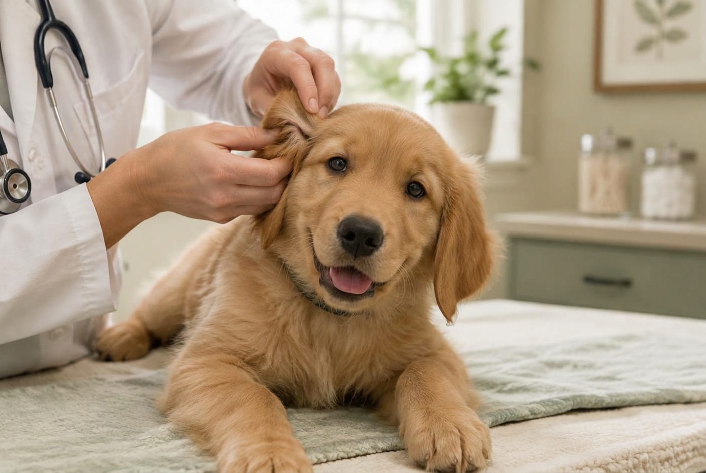 A happy golden retriever puppy having its ears gently checked during a wellness visit